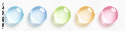 Set of colorful cosmetic gel drops on  transparent background. Collagen serum bubbles. Cosmetic essence. Concept skincare cosmetics solution. Vector illustration