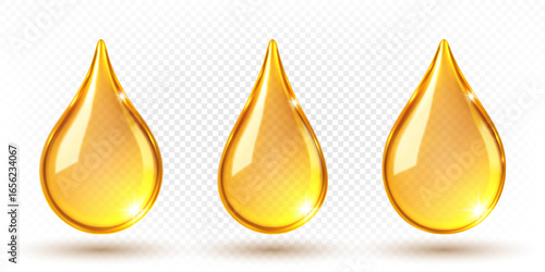 Transparent golden oil drops. Cosmetic and skincare essence. Vector illustration