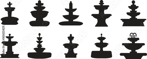Fountain icons set in flat styles. Water fountain symbols collection and decorative fountain group. Outdoor park, garden, and plaza water feature illustration for design elements