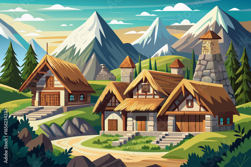 vector of The architecture of mountain houses with stone, wood and thatch has a special harmony with nature and conveys a sense of authenticity and simplicity.