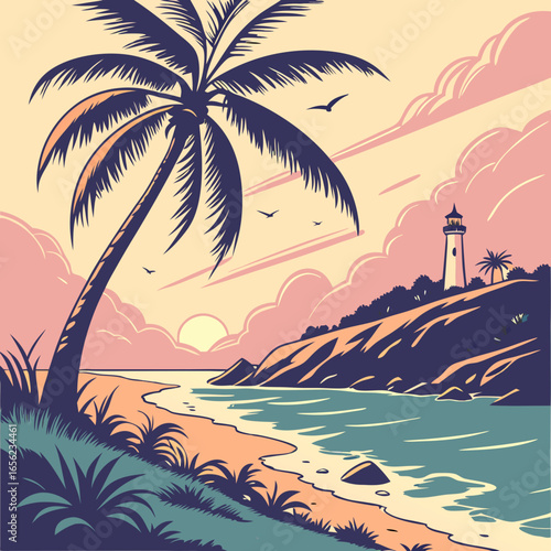 A serene tropical beach scene with a palm tree, ocean waves, a lighthouse on a hill, and a pastel-colored sunset.