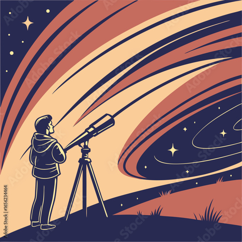 A man gazes through a telescope at a swirling galaxy, a vibrant cosmic scene.