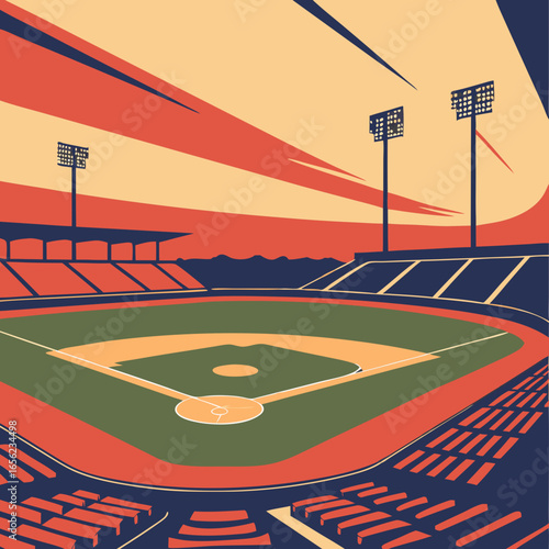 A graphic illustration of an empty baseball stadium at sunset with bold, dramatic colors.
