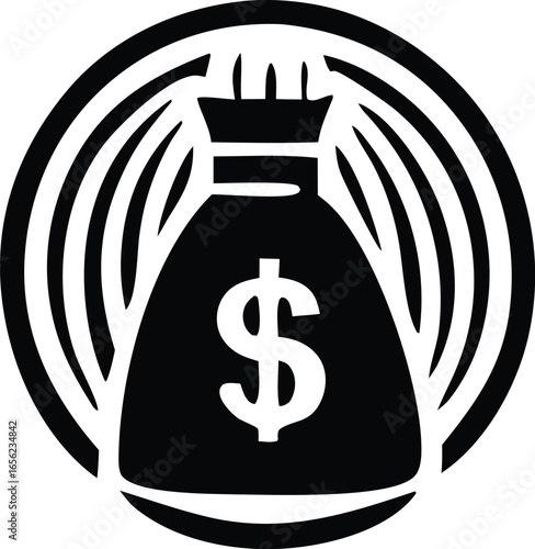 Stylized black and white icon featuring a money bag with a dollar sign inside a circular emblem