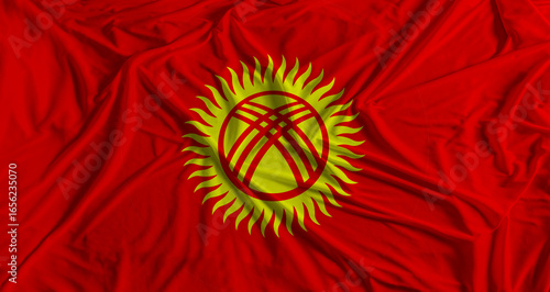 Kyrgyzstan flag with fabric texture background. National flag of Kyrgyzstan with cloth texture