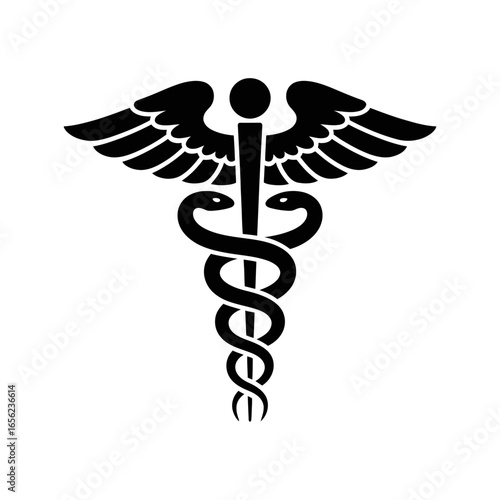 Medical symbol representing healthcare with snakes and wings in black and white illustration