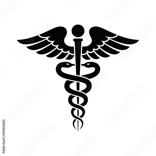 Medical symbol representing healthcare with snakes and wings in black and white illustration