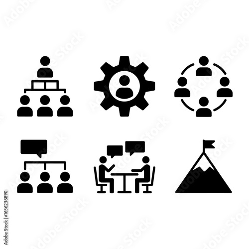 Teamwork icons showcasing business collaboration and leadership concepts in black and white style