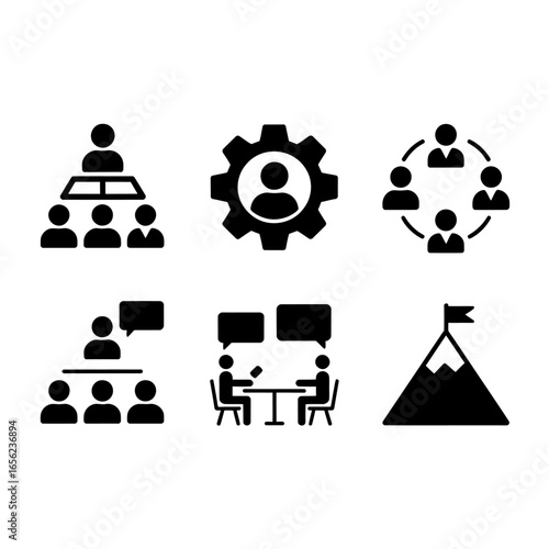 Teamwork icons showcasing business collaboration and leadership concepts in black and white style