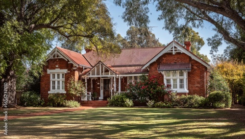 Red brick house under trees