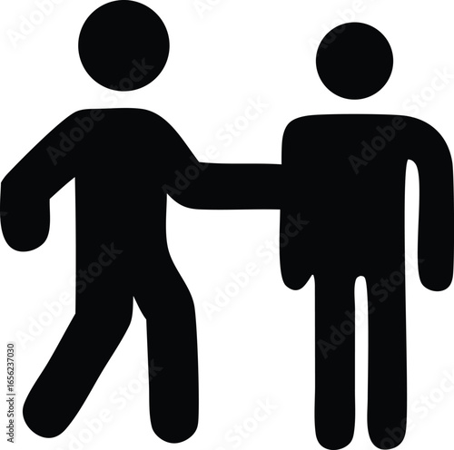 Two stylized black figures in a simple graphic one person assisting or guiding another person with a supportive gesture