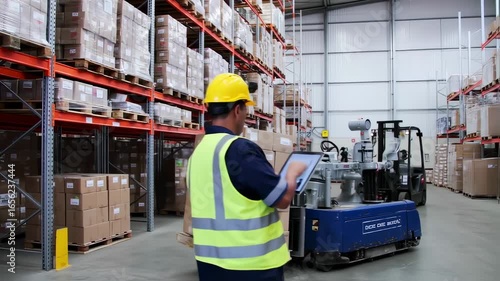 Warehouse worker using tablet with AGV forklift and goods storage.