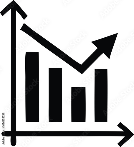Hand drawn black and white bar chart with a downward trend line that then sharply reverses upwards indicating recovery or growth