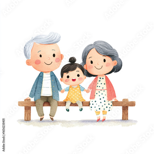 Watercolor Illustration of Grandparents and Grandchild Joyfully Sitting on a Wooden Bench