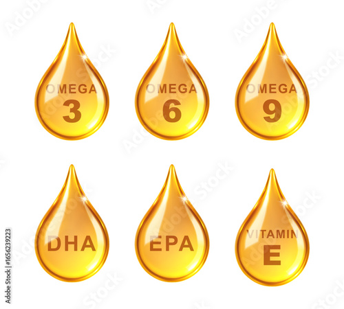 Golden oil drops with Omega 3, 6, 9, DHA, EPA and Vitamin E. Natural fish oil, organic vitamin, nutrients. Vector illustration