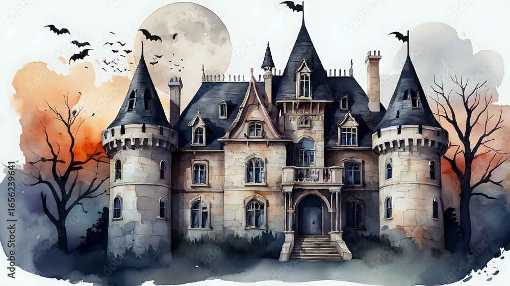 Obraz premium castle in the night, spooky halloween castle illustration watercolor style halloween castle in the night, castle in the night