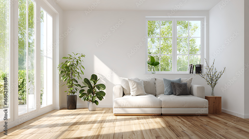 Fototapeta premium Modern living room interior design white sofa plants wood floor window light bright home decor ideas