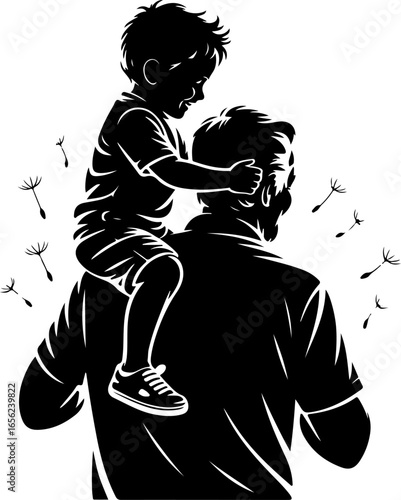 A joyful silhouette of a grandchild sitting on the shoulders of a grandparent