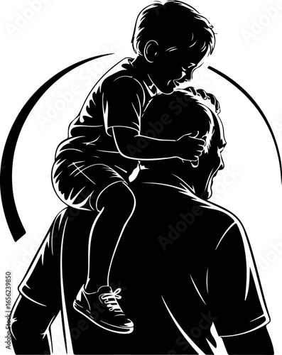 A joyful silhouette of a grandchild sitting on the shoulders of a grandparent
