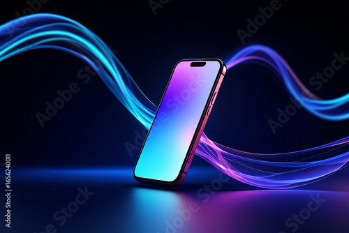 Sleek smartphone with vibrant neon light waves technology