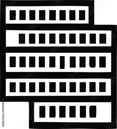 Abstract geometric representation of a multi story building with repeating window patterns and a stark black and white color scheme