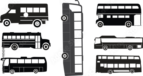 A collection of black and white bus silhouettes including school buses and double decker buses shown