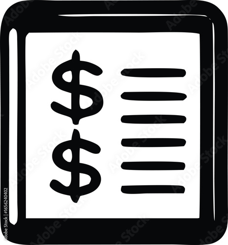 Hand drawn illustration of a digital tablet displaying a financial list with two prominent dollar signs and horizontal lines representing data