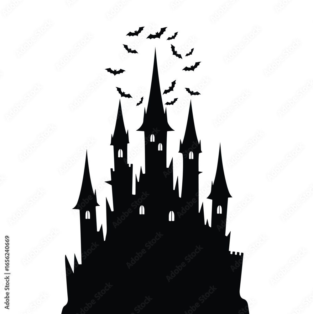 Fototapeta premium Black vector silhouette of a medieval European city skyline with a castle, church, a haunting castle silhouette with bats flying above, dark gothic fantasy, moody atmospheric, digital art