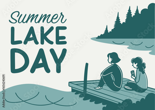 Romantic Lake Dock Vector Illustration - Couple by Water