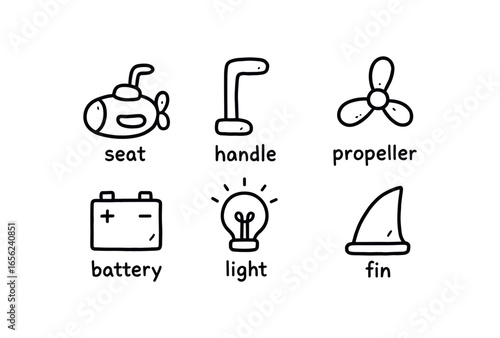 hand drawn cute doodle style line isolated on white background sub rider (features): handle propeller battery light fin