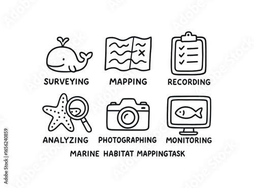 hand drawn cute doodle ink line art style line monochrome monochrome isolated on white background marine habitat mapper (tasks): surveying mapping recording analyzing photographing