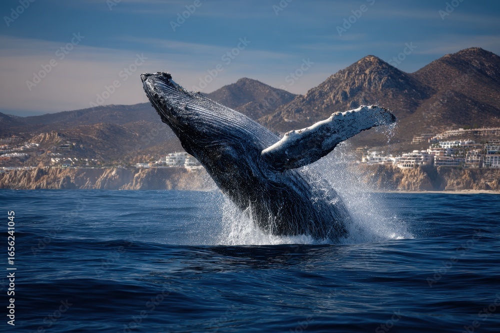 Fototapeta premium Whale California. Humpback Whale Breaching in Ocean, Maui. Wildlife in Action