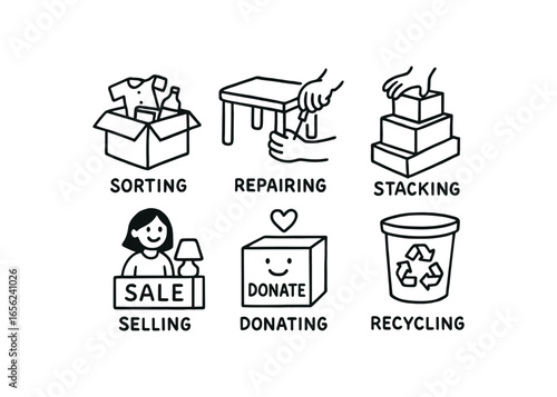 hand drawn cute doodle style line isolated on white background reuse depot (activities): sorting repairing stacking selling donating recycling