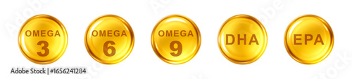 Golden capsules with Omega 3, 6, 9, DHA, EPA. Natural fish oil, organic vitamin, nutrients. Vector illustration
