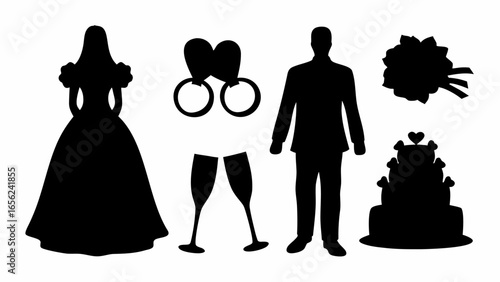 Silhouette of bride groom wedding rings champagne glasses bouquet and cake on a white isolated background