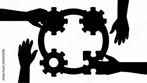 Hands collaborating to connect gears and a puzzle piece in a circular formation representing teamwork silhouette