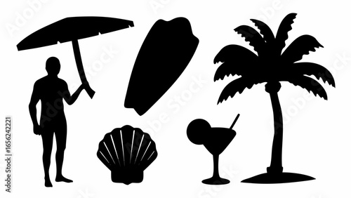 Silhouette of beach scene with man, umbrella, surfboard, shell, cocktail, and palm tree design