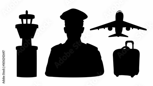 Silhouette of airport scene with control tower officer airplane and luggage in black and white style
