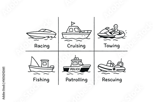 hand drawn cute doodle ink line art style line monochrome monochrome isolated on white background fast watercraft (uses): racing cruising towing fishing patrolling rescuing