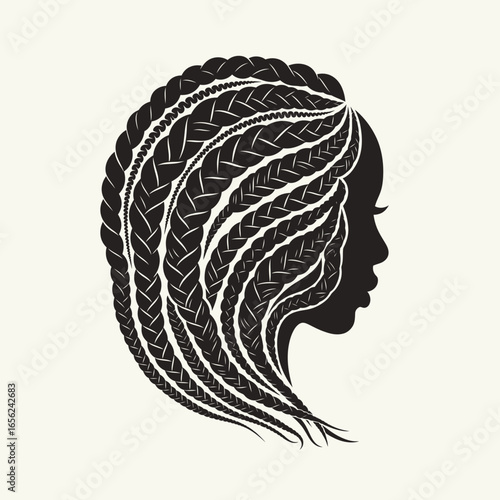 Silhouette of a woman's profile with intricate braided hair.