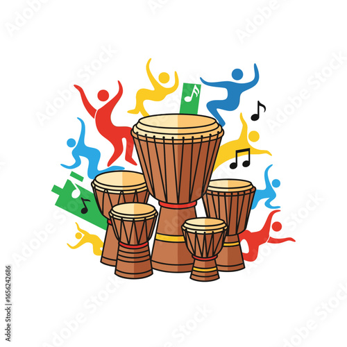 Vibrant djembe drums surrounded by dancing figures, celebrating rhythm and music.