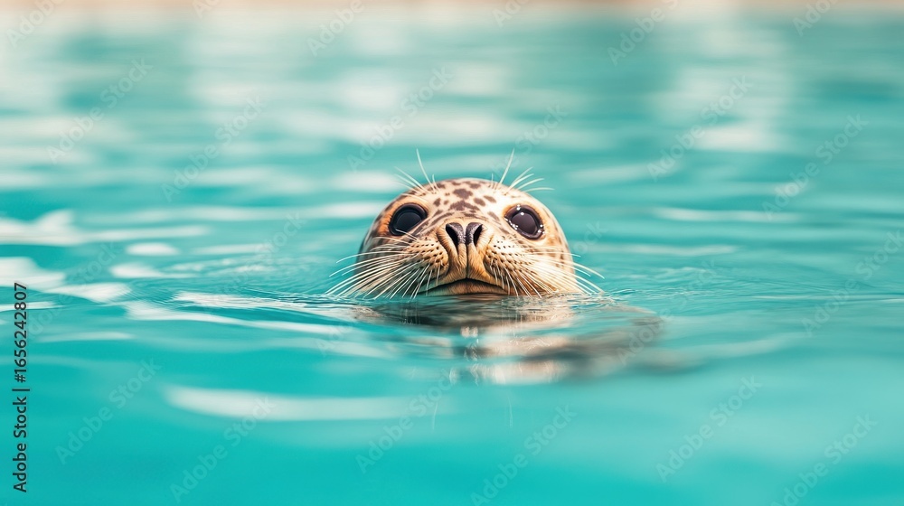 Fototapeta premium Arctic seal emerges from blue water. Spotted fur on animal head with whiskers visible above liquid surface. Wildlife swimming in cold landscape.