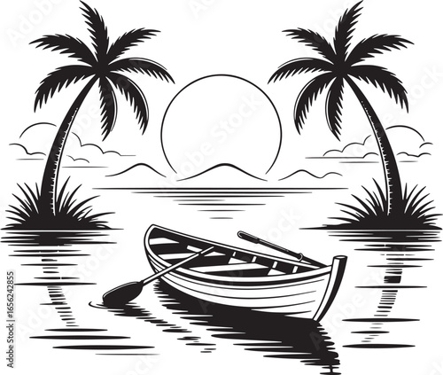 Tropical Sunset with Palm Trees and Rowboat Black and White Vector Beach Scene Illustration, Tropical sunset illustration, Palm trees and rowboat drawing, Ocean horizon line art