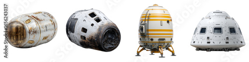 Vintage spacecraft capsules futuristic designs on transparent background