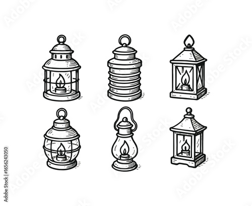 hand drawn cute doodle ink line art style line monochrome monochrome isolated on white background shipboard lantern (uses): lighting signaling guiding marking warning decorating