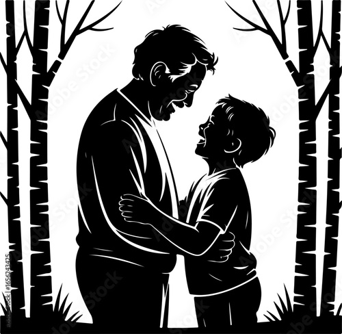 A joyful silhouette of a grandparent and grandchild facing each other, both with heads slightly tilted back in laughter