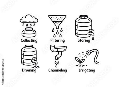 hand drawn cute doodle ink line art style line monochrome monochrome isolated on white background rainwater cistern (uses): collecting filtering storing draining channeling irrigating