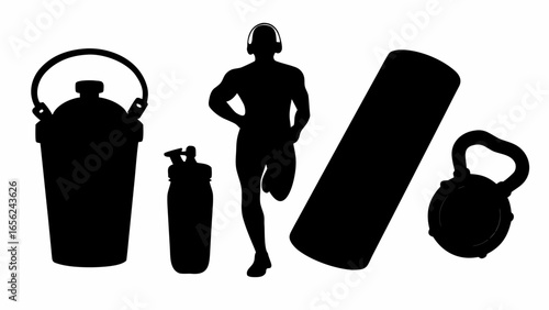 Silhouette of a man running with headphones, a protein shaker, water bottle, yoga mat and kettlebell