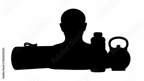 Silhouette of a bald man with a gym bag protein container and kettlebell ready for a workout session