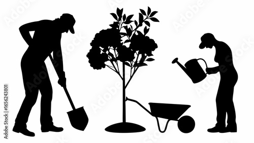 Silhouette of people planting a tree with shovel, watering can and wheelbarrow in a garden scene
